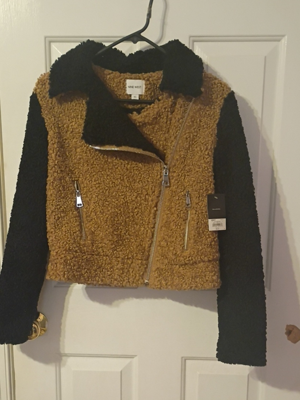 New Nine West Two-Tone Teddy Moto Jacket in Camel and Black